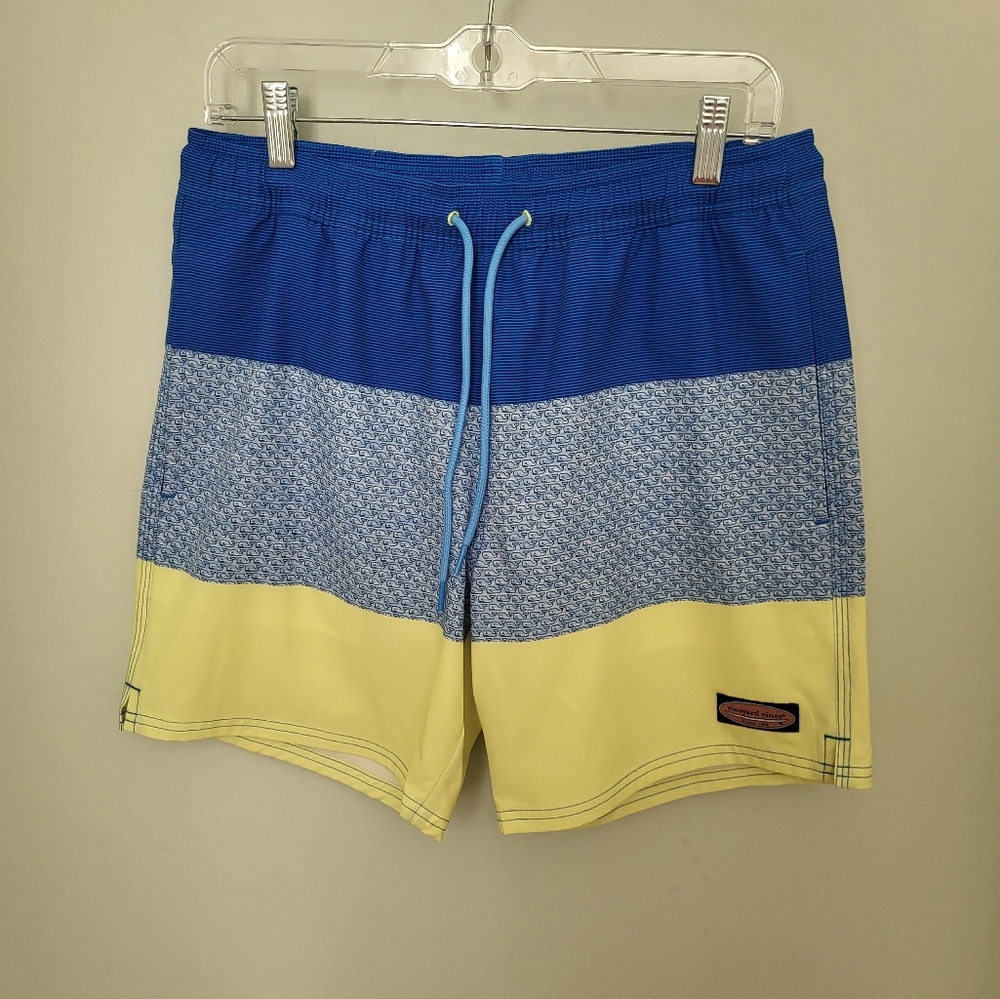 Vineyard Vines Men Small Whale Colorblock Swim Trunk Shorts New Blue Yellow